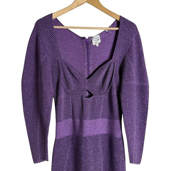 Herve Leger Lurex Ottoman Purple Cut Out Long Sleeve Sweetheart Cocktail Dress M - Picture 6 of 16
